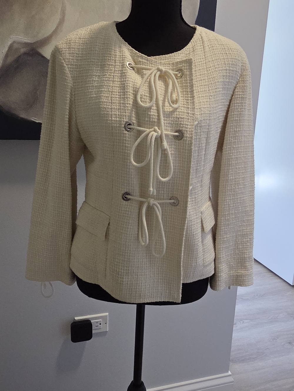 Vintage CHANEL Cream Tweed Tie-Front Blazer Jacket